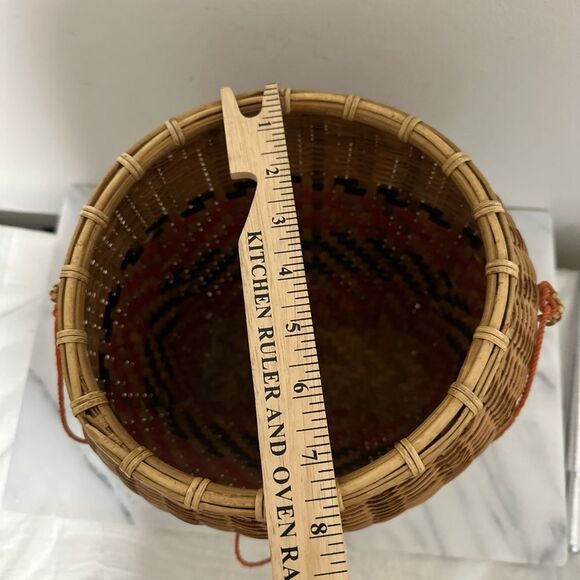 Antique Laotian gathering Woven Basket with Red and Black Pattern - Picture 11 of 16